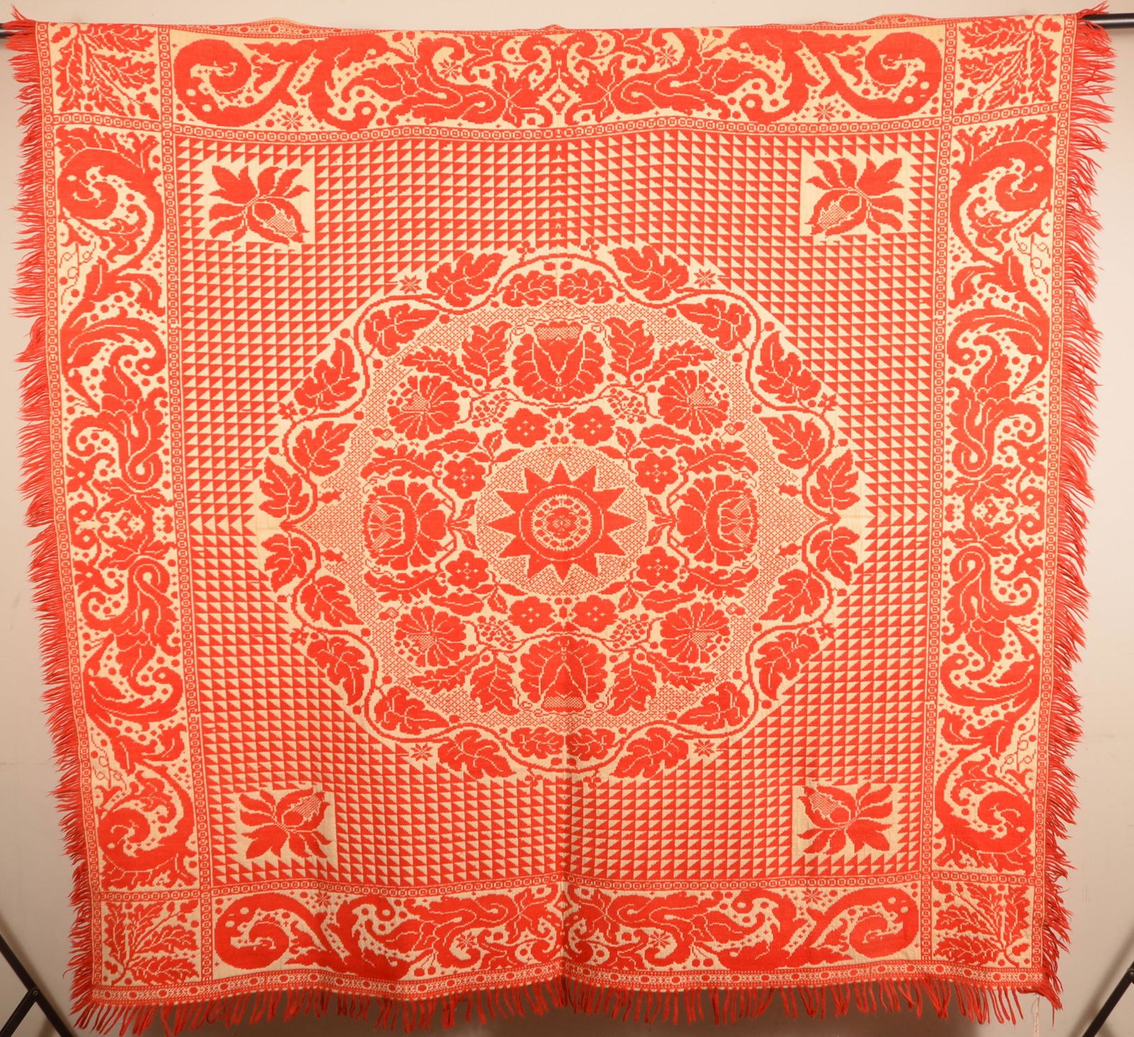 Unsigned Red and Neutral Jacquard Coverlet. (1 of 2)