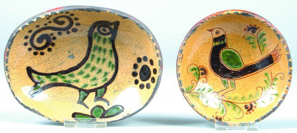 Two Greg Shooner Small Redware Bird Decorated Plates: Two Greg Shooner Small Redware Bird Decorated Plates, first is 1998 oval dish with bird slip decorations, 4-1/2" x 6"dia., 2nd is 2000 round dish with bird sgraffito decorations, 4-1/2"dia., (both in