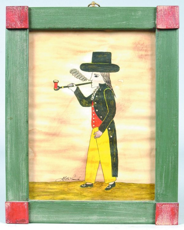 G. B. French Watercolor Drawing, man in full length: G. B. French Watercolor Drawing, man in full length tail coat, top hat and smoking a pipe, painted block corner frame, 14-1/2"h. x 11-1/2"w., (good condition).