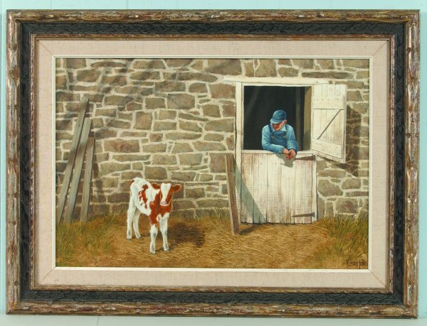 Russell Jones Farm Scene Painting depicting farmer: Russell Jones Farm Scene Painting depicting farmer looking out of double swing barn door with stone wall at baby calf, in molded frame, 24"h. x 32-1/4"w., (good condition).