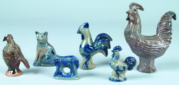 Six Stoneware Pottery Animal figures, roosters, ca: Six Stoneware Pottery Animal figures, roosters, cat and sheep, three marked Beaumont Pottery with blue slip highlights, one marked JB and Two are marked with illegible writing, 3-1/2"h-8"h., (good con