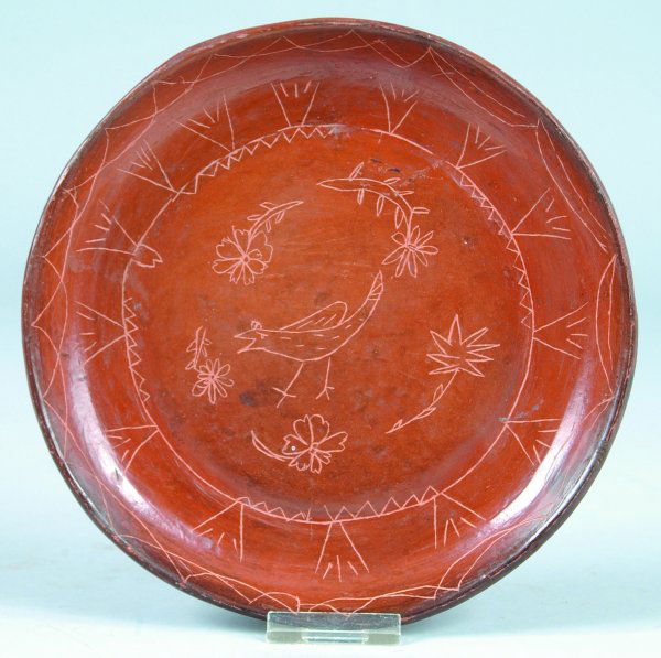 Redware Plate with folk art scratched decorated, 7: Redware Plate with folk art scratched decorated, 7-3/8"dia. (good condition).