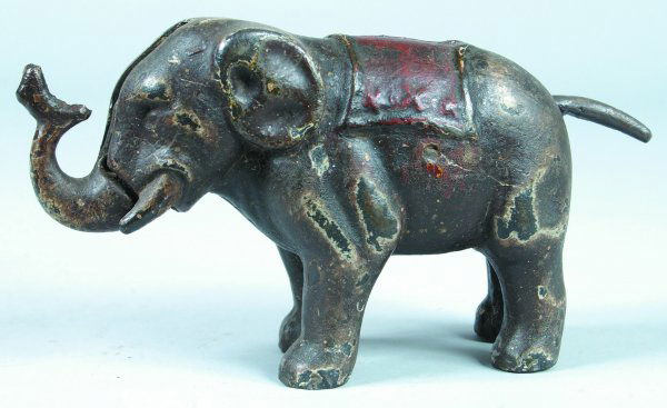 Cast Iron Three Star Mechanical Elephant Bank, ori: Cast Iron Three Star Mechanical Elephant Bank, originally advertised as "The Jumbo Bank," overall fair condition with good operation, has significant paint loss and wear, 4-1/2" h.