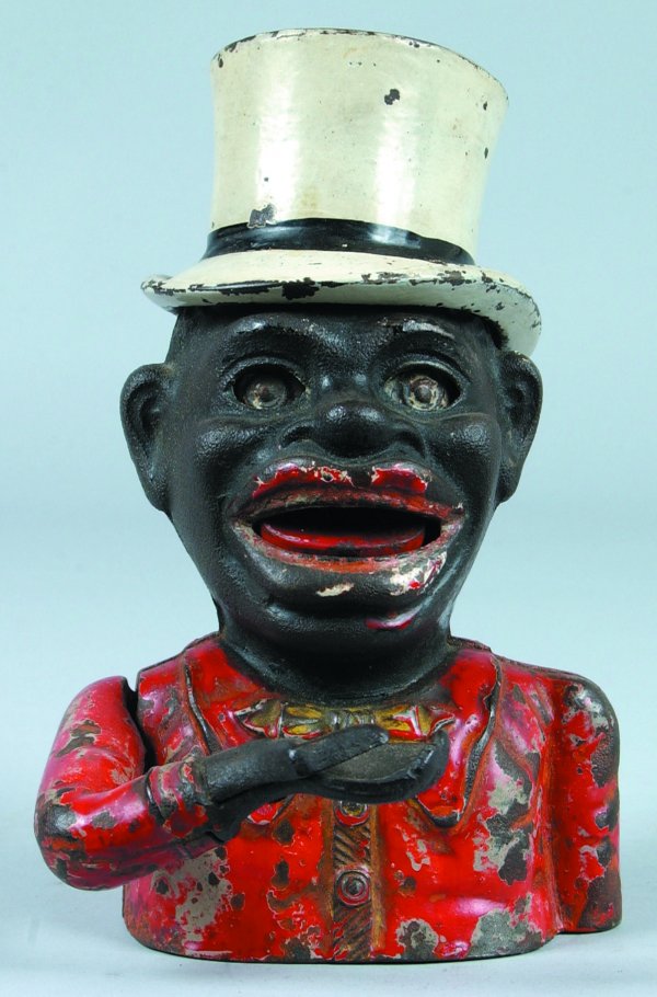 Cast Iron Jolly High Hat Mechanical Bank manufactu: Cast Iron Jolly High Hat Mechanical Bank manufactured by John Harper and Co., overall good casting and operation, paint loss and wear throughout bank.