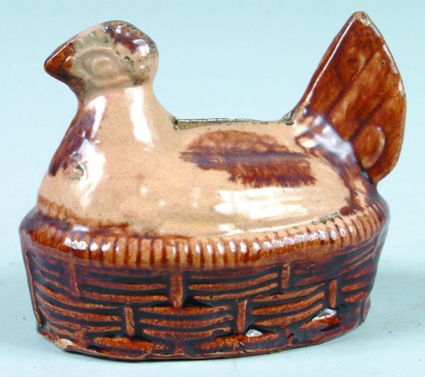 Early Stoneware Hen on Nest Bank, bank has chips t: Early Stoneware Hen on Nest Bank, bank has chips to base in front, overall in good shape, 3-1/2" h.