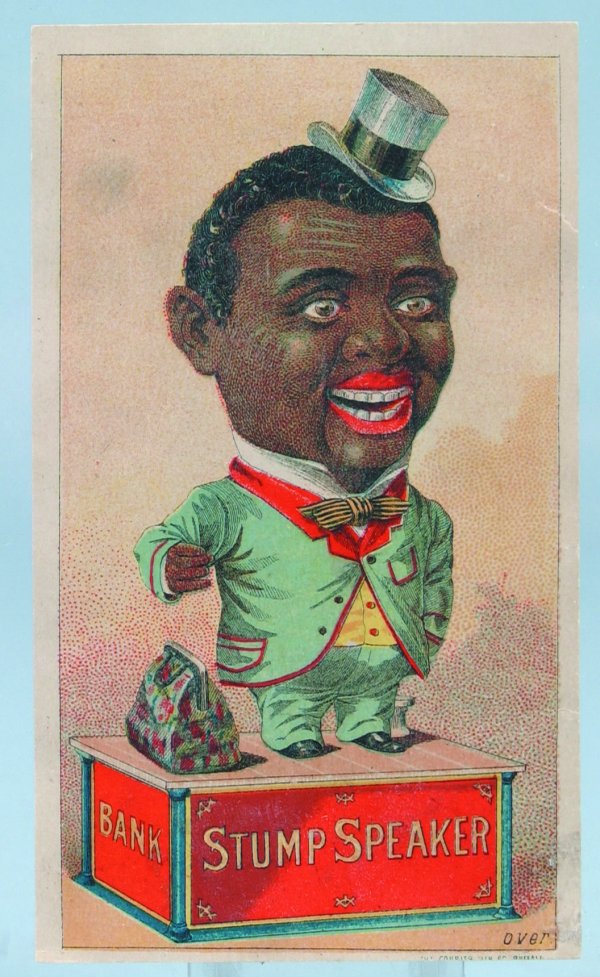 Stump Speaker Trade Card, overall great condition : Stump Speaker Trade Card, overall great condition with good color and lettering, has top paper loss to back side of card in lower corner, 5-1/4" x 3".