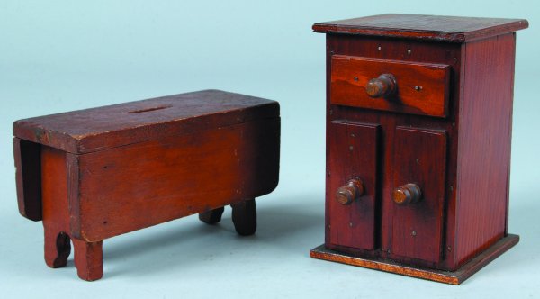 Two Early Wooden Furniture Banks, wooden drop leaf: Two Early Wooden Furniture Banks, wooden drop leaf table measures 7" long, hinge trap, overall good finish with wear on corners and edges, wooden 3-drawer stand has pull out drawer for coin deposit, o
