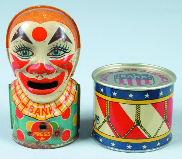 J. Chein Tin Lithograph Clown Bank and Drum, clown: J. Chein Tin Lithograph Clown Bank and Drum, clown bank 5" h., good operation, (rust on base and puncture on side of neck, some paint loss and scratches); Drum is 3-1/4" diam., only minor paint loss a