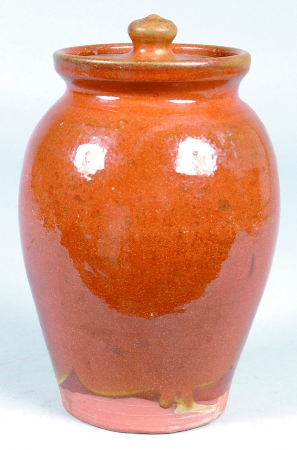 Redware Covered Jar, bulbous form flared molded ri