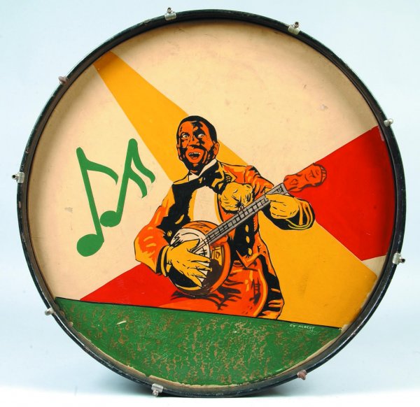 Al Jolson Playing Banjo Decorated Drum signed CY A: Al Jolson Playing Banjo Decorated Drum signed CY Albert, Art Deco Stylized polychrome painted, wooden frame with metal tension supports, 27-1/4"dia., (painted section of drum in good condition, back d