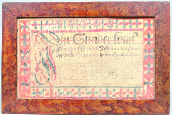 Vorshrift Fraktur Watercolor & Ink dated 1771, old: Vorshrift Fraktur Watercolor & Ink dated 1771, old German script writing sample with floral border on rag paper, 10-1/4"h. x 15-1/4"w., (condition: losses & wear, no glass, in an early painted frame).