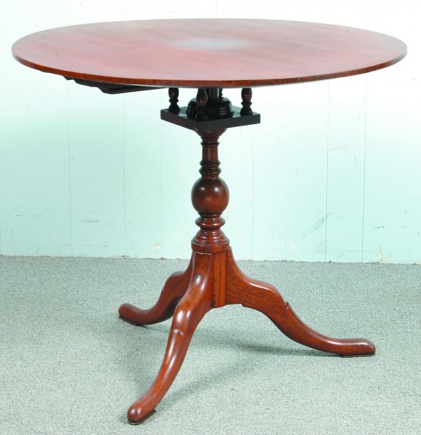 Southeastern Pennsylvania Queen Anne Walnut Tilt-t: Southeastern Pennsylvania Queen Anne Walnut Tilt-top Tea Table. Circular top with birdcage support, turned pedestal base with compressed ball, cabriole legs with pad feet. Condition: Refinished, other