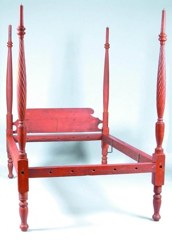 Pennsylvania Sheraton Softwood Poster Bed with Can: Pennsylvania Sheraton Softwood Poster Bed with Canopy Top and Original Red Paint. Shaped and scrolled headboard with spiral tuned posts on footboard. Condition: Good with normal wear. 83"h x 56"w x 78