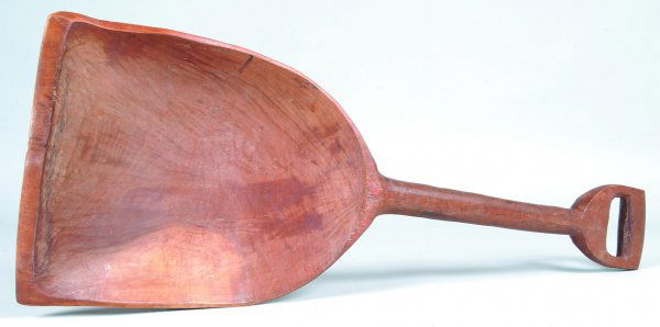 Carved Wood Grain Shovel, maple wood? D-shaped han: Carved Wood Grain Shovel, maple wood? D-shaped handle with rounded shaft and scoop end, 35-1/2"l. (good condition).