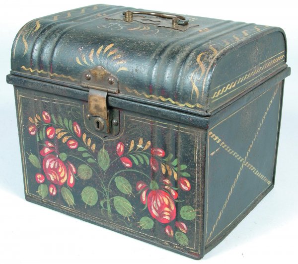 Dome Top Tinware Chest having Toleware floral an