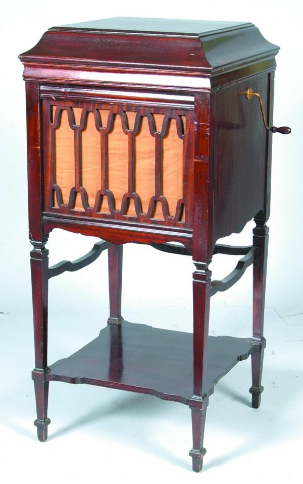 Edison Mahogany Case Floor Model A-150 Phonograph.: Edison Mahogany Case Floor Model A-150 Phonograph. Serial #SM4574. Condition: Good, mechanically sound. (Hershey Museum). 44"h x 20 1/" square.
