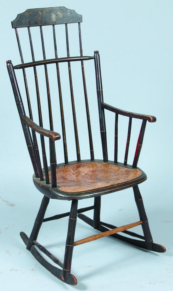 Windsor Bamboo turned Comb-back rocking chair. Pai: Windsor Bamboo turned Comb-back rocking chair. Paint decorated with stenciled fruit on crest and sponge decorated seat. Condition: Normal wear. 43 ½"h overall, seat height 16 ½".