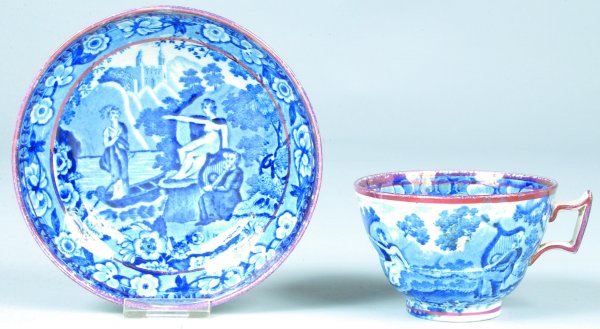 Staffordshire Blue Transfer China "Lady of the Lak: Staffordshire Blue Transfer China "Lady of the Lake" tea cup with saucer, and having copper luster band decoration, unmarked. Condition: tiny base rim chips.