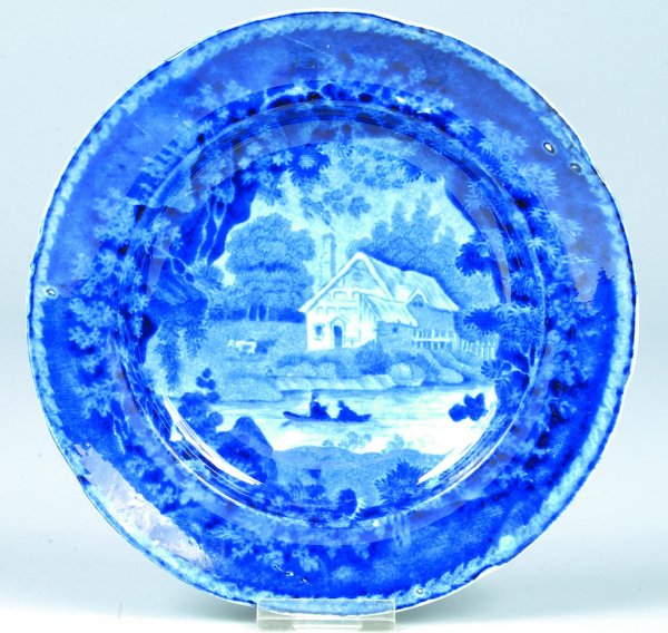 Staffordshire Blue Transfer China Cottage View 6 ¾: Staffordshire Blue Transfer China Cottage View 6 ¾" plate, with pastoral and boating scene in foreground, marked Adams. Condition: Very good.