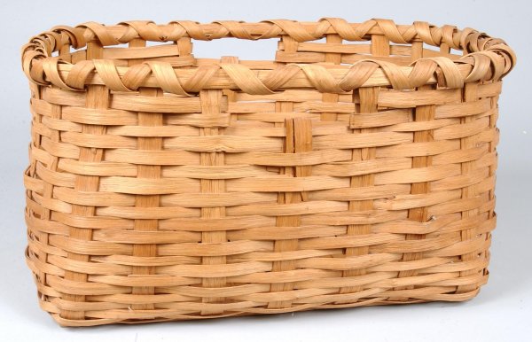 Woven Rectangular Splint Field Basket with open ha: Woven Rectangular Splint Field Basket with open hand grips, light brown patina, 11"h. x 21-1/2"w. x 15-1/4"d., and (good).