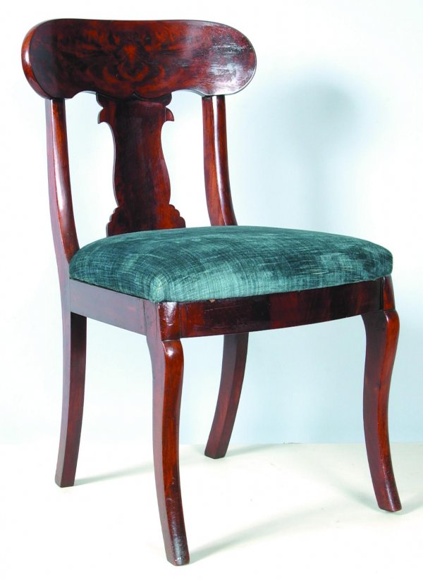 Federal Burl Mahogany Sabre Leg Side Chair. Bold b: Federal Burl Mahogany Sabre Leg Side Chair. Bold burl wood crest rail, shaped splat-back and blue velar upholstered seat. Condition: Refinished. (Hershey Museum), 32 ½" high overall, seat height 18 �