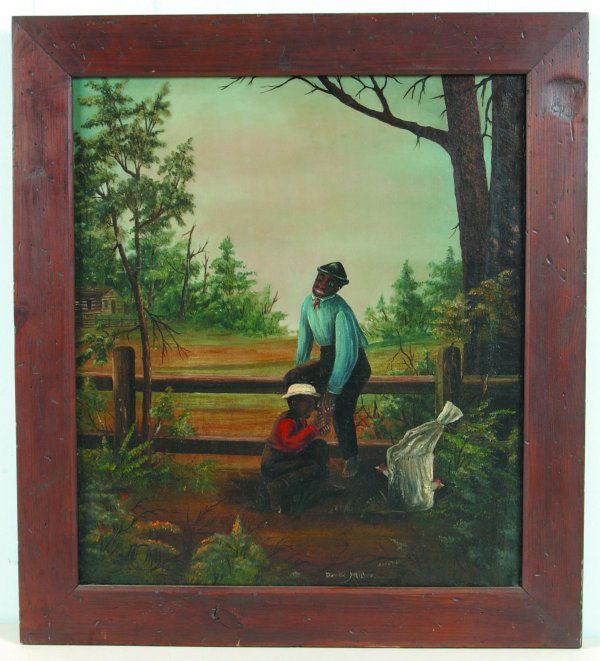 Oil Painting depicting man resting on two rail fen: Oil Painting depicting man resting on two rail fence rubbing his foot, while another man kneels at his feet, a bag full chickens resting at fence rail, homestead and landscape background, signed Duuke