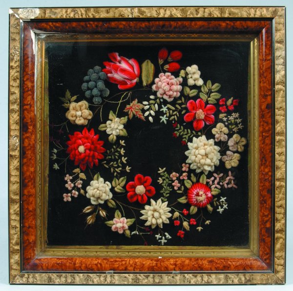 854 Victorian Crewelwork in shadow box frame, floral a