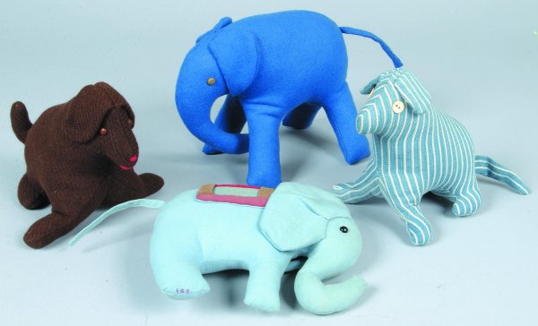Four Animal Fabric Sculptors, two elephants and tw: Four Animal Fabric Sculptors, two elephants and two dogs, three are initialed LB and on LGB, 6-1/2"h-7-1/2"h. (good condition).