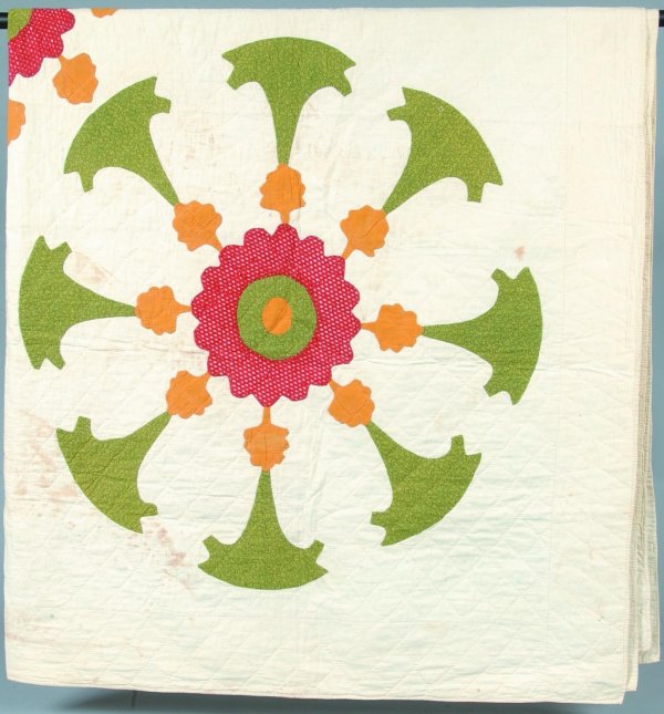 Appliqué Quilt with Red and Green stylized floral : Appliqué Quilt with Red and Green stylized floral design on quilted white ground, 75"x80", (Hershey Museum) (some staining).