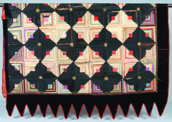Log Cabin Patchwork Quilt with Sawtooth Border, si: Log Cabin Patchwork Quilt with Sawtooth Border, silk and velour patches, 71-1/2" x 54", (Hershey Museum), (thinning and losses).