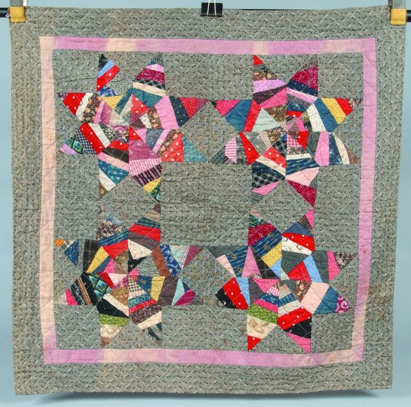 Eight Pointed Star Patchwork Crib Quilt, muti- col: Eight Pointed Star Patchwork Crib Quilt, muti- colored printed patches with four eight point stars, 38" x 38", (Hershey Museum), (fading and some stains).