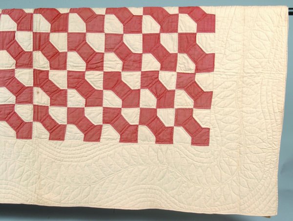Bowtie Pattern Patchwork Quilt, brown and white pa: Bowtie Pattern Patchwork Quilt, brown and white patches, quilted vine and foliate border, 80" x 92", (Hershey Museum), (white with discoloration).