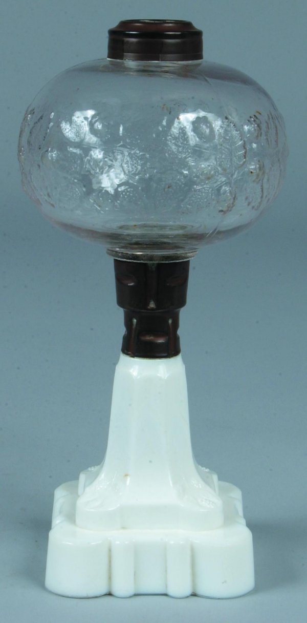 Colorless Glass Hobbs "Blackberry" Oil Lamp with opa: Colorless Glass Hobbs "Blackberry" Oil Lamp with opaque white blackberry pedestal. 8 ¼"h. Minor chips.