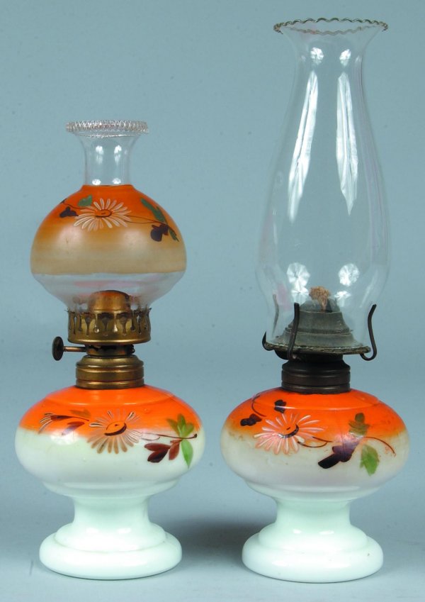 Two Hand Painted Miniature Milk Glass Oil Lamps dec