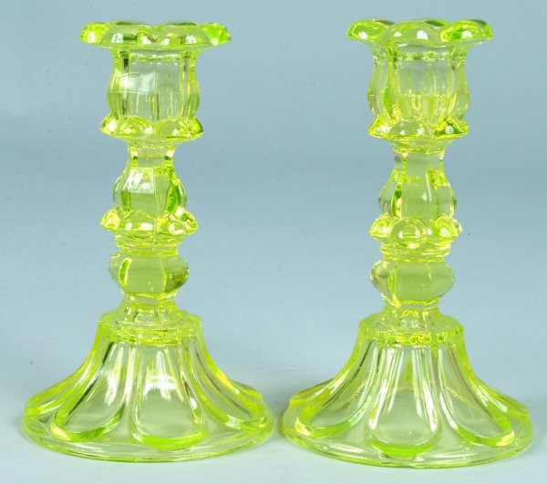 Pair Canary Yellow Flint Glass "Petal and Loop" Can
