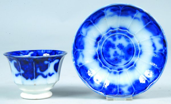 Flow Blue China Cashmere pattern Handleless Cup an: Flow Blue China Cashmere pattern Handleless Cup and Saucer by Ridgway & Morley. Good condition.