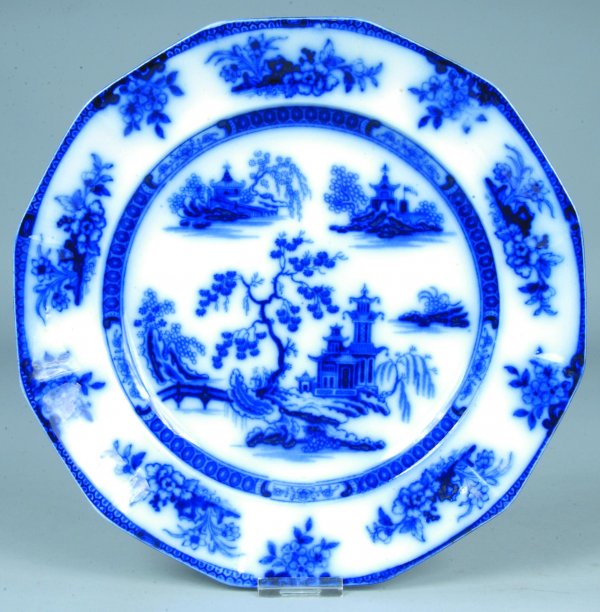 Flow Blue China Chapoo pattern 10 ½" Paneled Plate: Flow Blue China Chapoo pattern 10 ½" Paneled Plate by J. Wedgwood. Good.