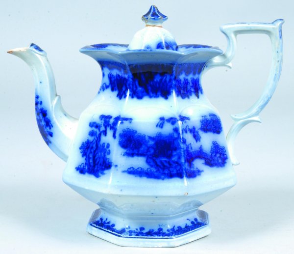 Flow Blue China Penang pattern 9" Paneled Coffee P: Flow Blue China Penang pattern 9" Paneled Coffee Pot attributed to W. Ridgway. Base with small chip on side of spout, lid with several chips and finial repair.