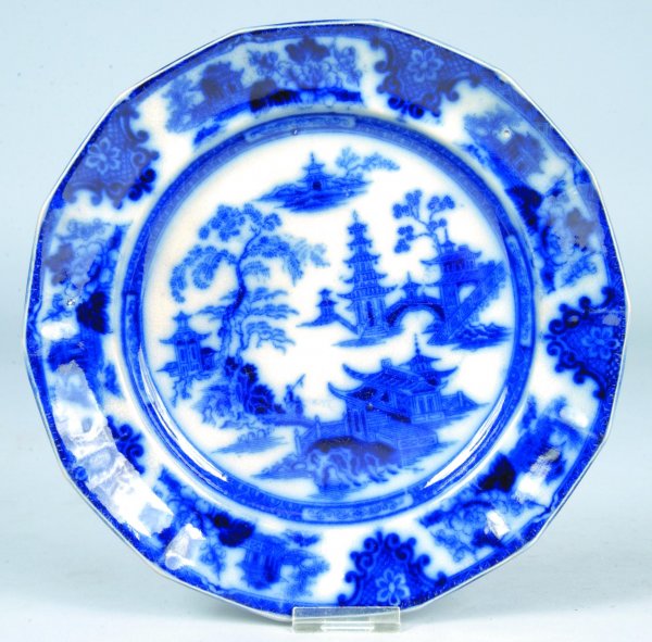 Flow Blue China Tonquin pattern Plate by W. Adams: Flow Blue China Tonquin pattern Plate by W. Adams & Sons. Crazing and discoloration.