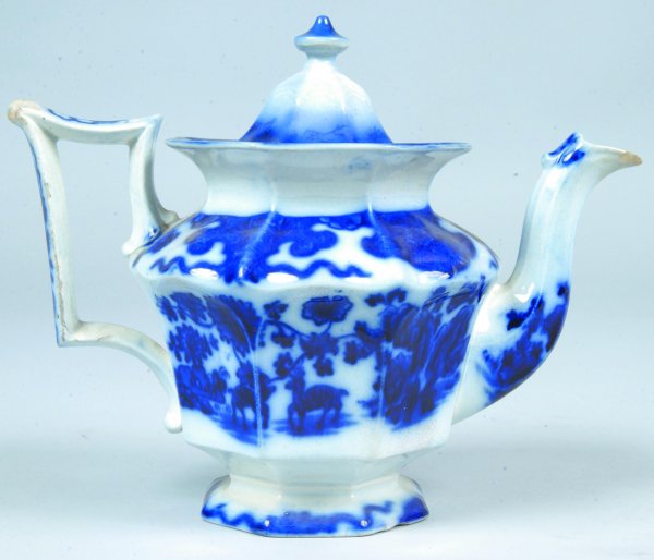 Flow Blue China Cashmere pattern 8 ½" Paneled Coff: Flow Blue China Cashmere pattern 8 ½" Paneled Coffee Pot by Ridgway & Morley. Hairline on base, chips on spout and base, repaired married lid.