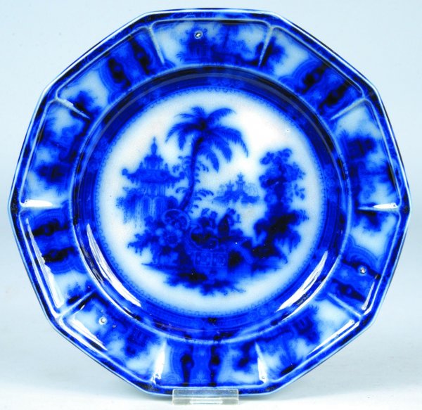 Flow Blue China Kyber pattern 9 ½" Paneled Plate b: Flow Blue China Kyber pattern 9 ½" Paneled Plate by J. Meir & Son. Crazing and discoloration.