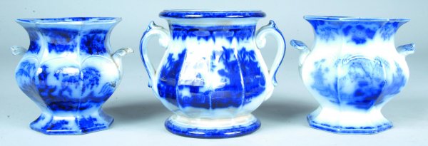 Three various Flow Blue China Oriental Scenery Pan: Three various Flow Blue China Oriental Scenery Paneled Sugar Bowls, 5 ½"h to 5 ¾"h. All are missing their lids and one with interior rim chips.