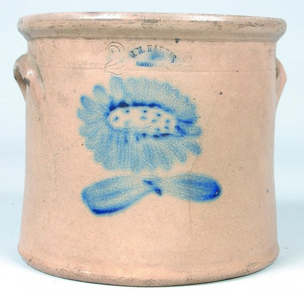 J.M. Harris, Easton, PA. Sunflower Blue Slip Decor: J.M. Harris, Easton, PA. Sunflower Blue Slip Decorated Two Gallon Stoneware Crock, 8-7/8"h., (hairline and chips on handles).
