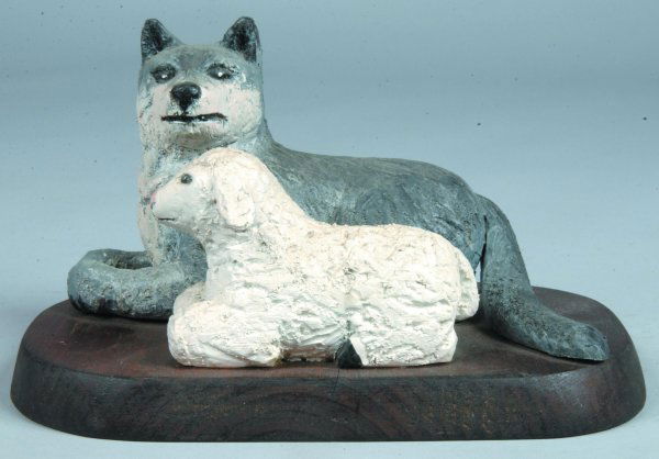 Edward Graham Wolf along with the Lamb Biblical Ca: Edward Graham Wolf along with the Lamb Biblical Carving signed EG 91, carved and polychrome painted, 5"h.x8-3/4"w., (good condition).