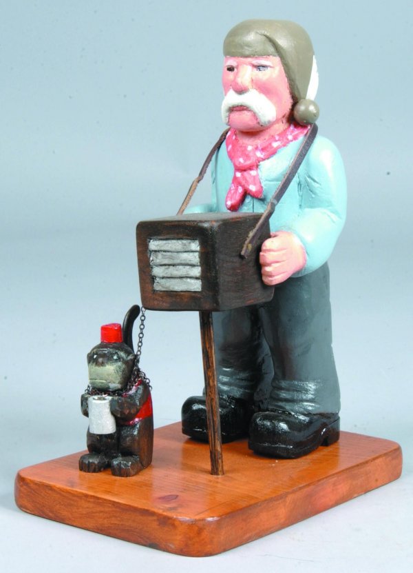 Edward Graham Organ Grinder with Monkey Carving si: Edward Graham Organ Grinder with Monkey Carving signed EG97, carved and polychrome painted, 9-1/4"h., (good condition).