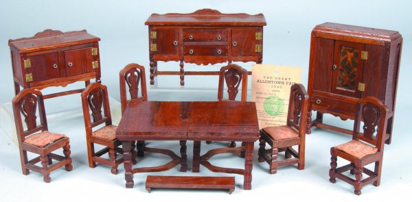 Ten Piece Wooden Mahogany Miniature Depression Din: Ten Piece Wooden Mahogany Miniature Depression Dining Room Furniture: six chairs, extension table with one extension board, china cabinet, sever and sideboard accompany with a 1940 The Great Allentown