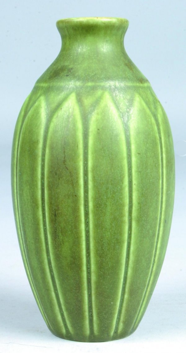 Rookwood Pottery Green Matte 6 ¾" Vase dated 1914.: Rookwood Pottery Green Matte 6 ¾" Vase dated 1914. Bulbous form with embossed stylized leaf design. Small horizontal line (hit mark) on upper rim.