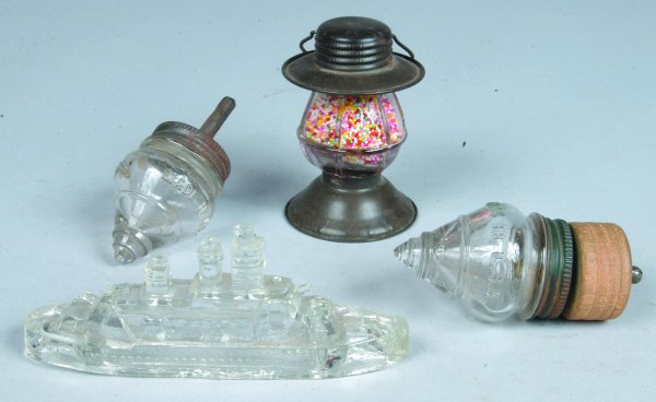 Four Glass Candy Containers, two spinning tops for