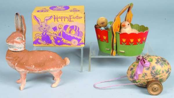 Four Easter Items; Papier-mâché Rabbit Candy Conta