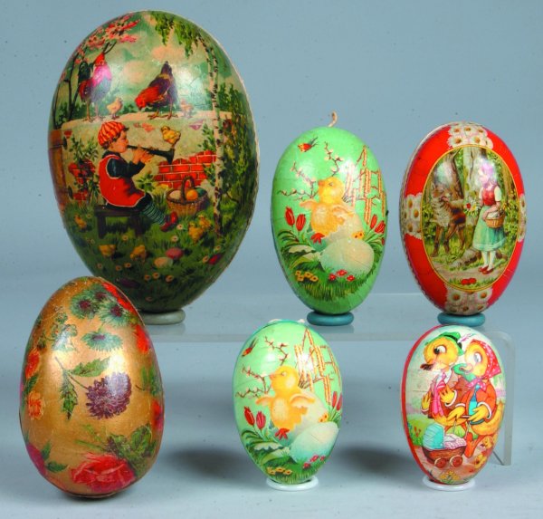 Six German Cardboard Easter Eggs with paper lithog